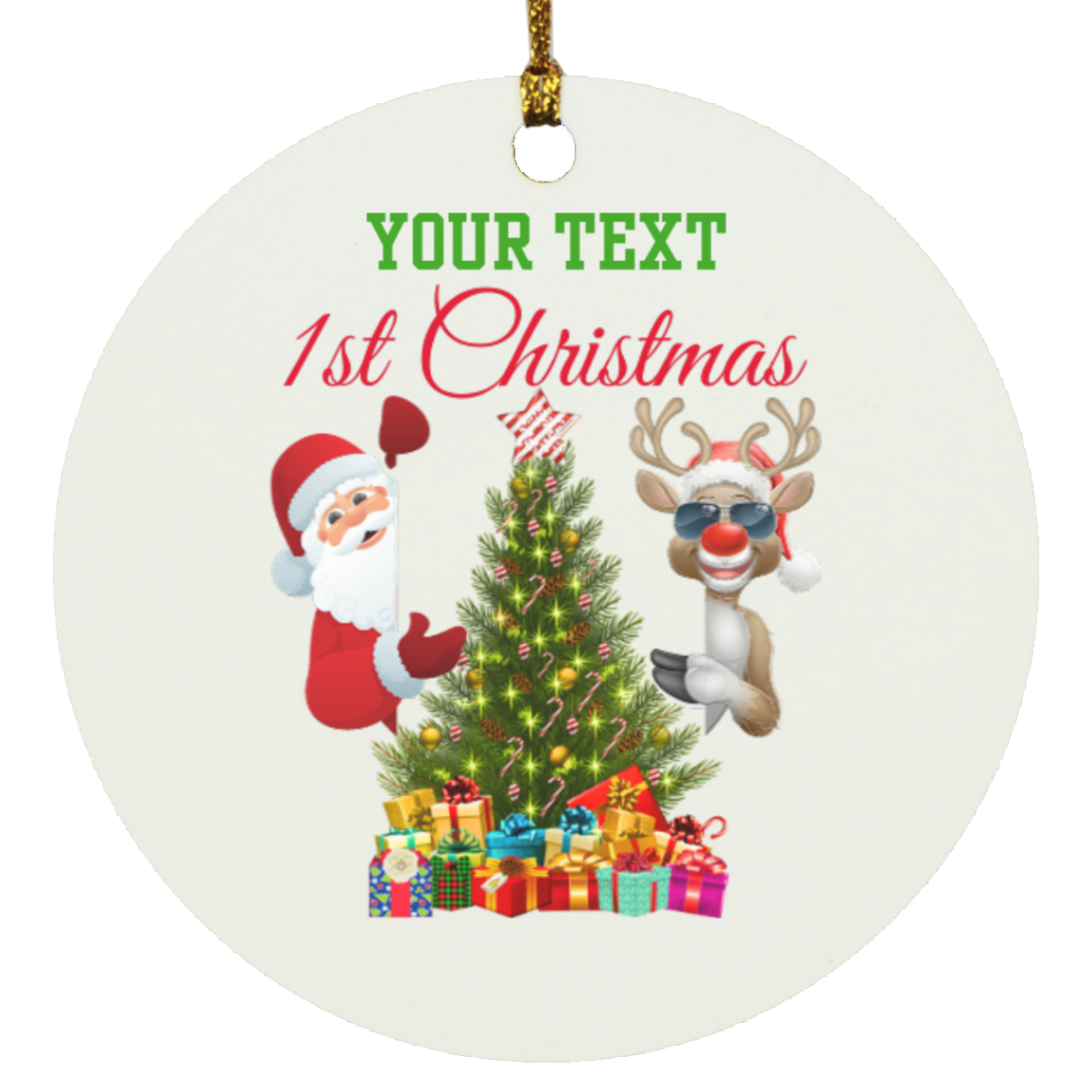 1st Christmas(custom name) Santa and Rudolph Circle Ornament