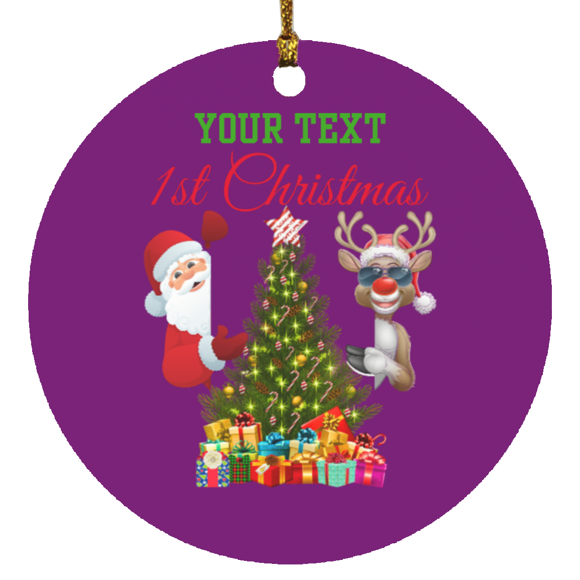 1st Christmas(custom name) Santa and Rudolph Circle Ornament