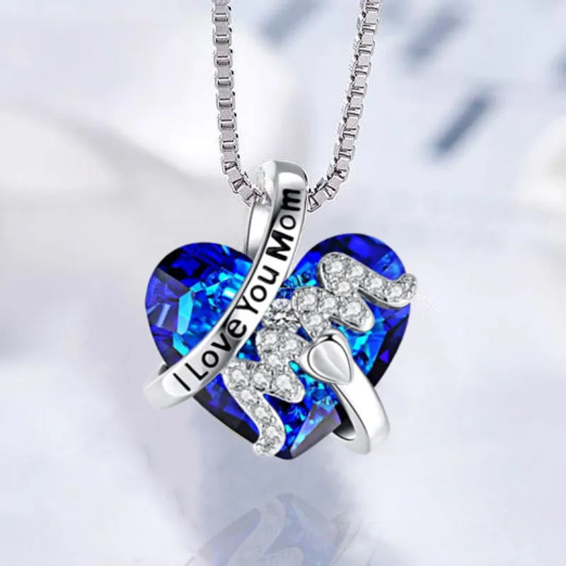 Mom Pendant Necklace / Red Blue Heart Crystal