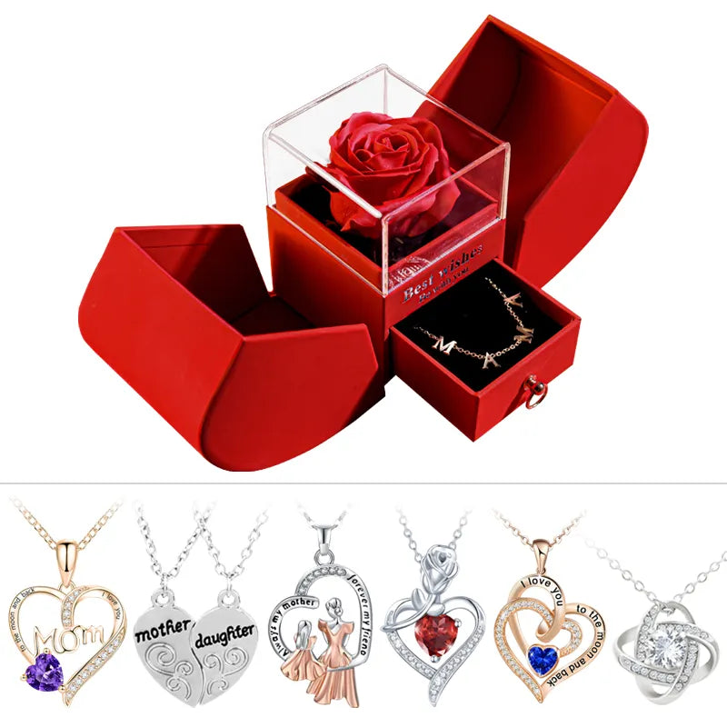 Everlasting Love Rose Gift Box /w Heart Necklace for Valentines DAy