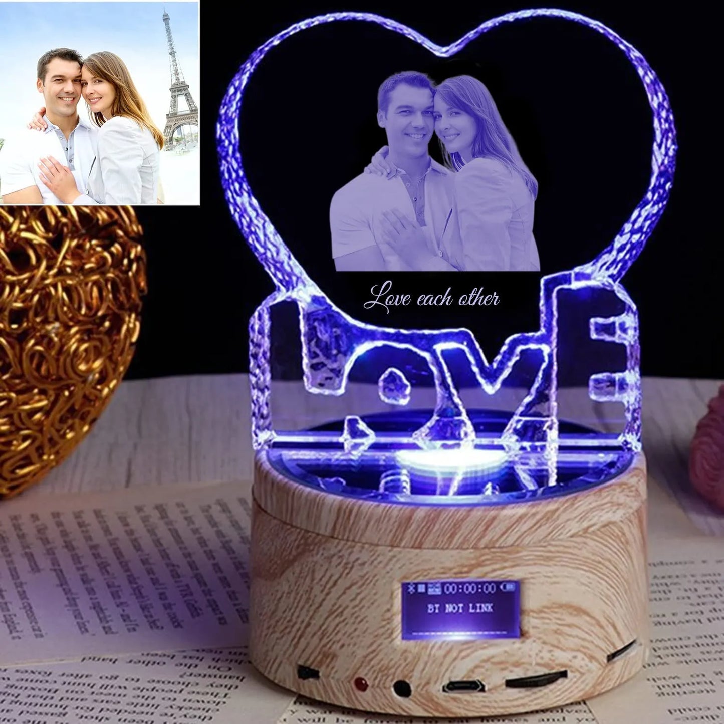 Love/Mom/Dad Crystal Photo Customized Picture Text NightLight Bluetooth Music Player